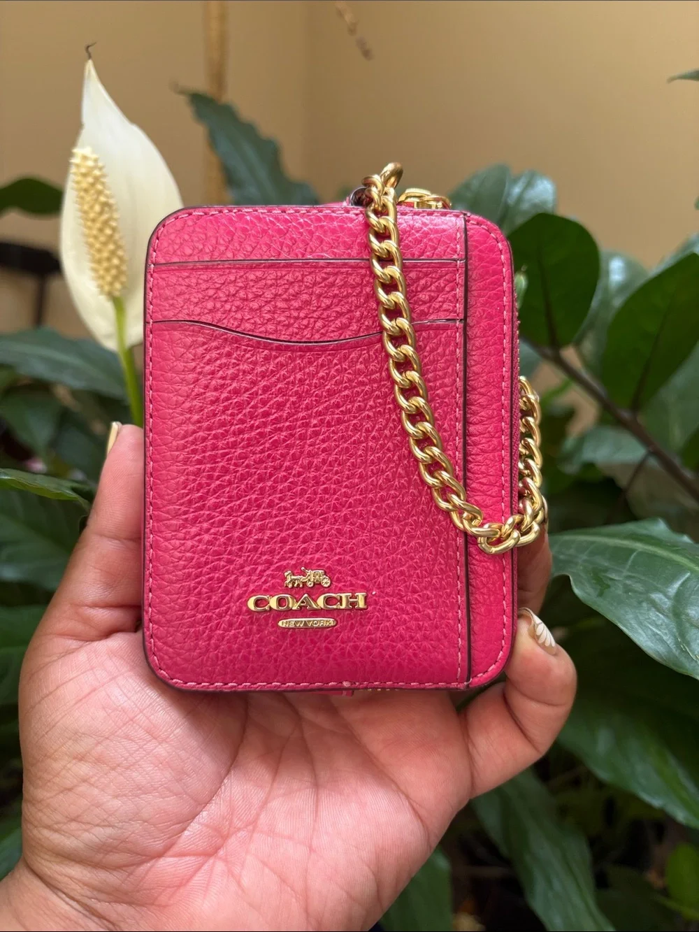 Coach Hot Pink Pebbled Leather Chain Card Case